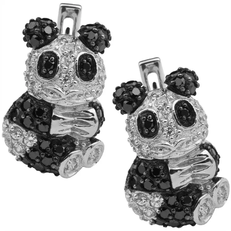 Zirconia Studded Panda Bears Sterling Silver Earrings sold by Old Glory