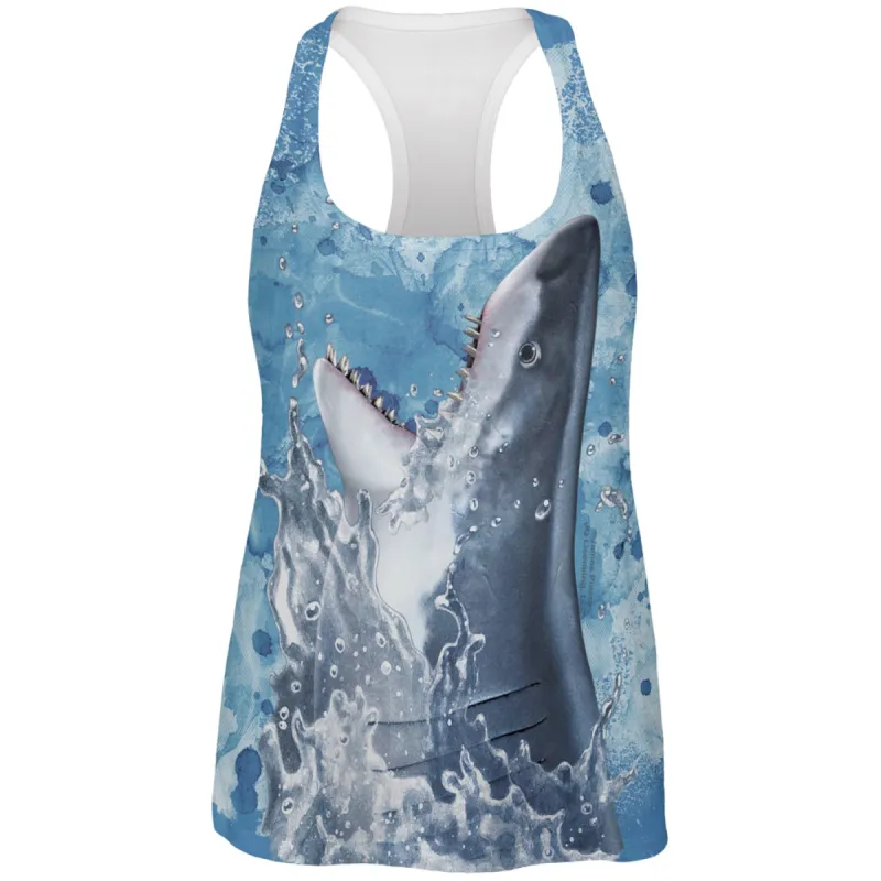 Hungry Great White Shark Breaching All Over Womens Work Out Tank Top sold by Old Glory