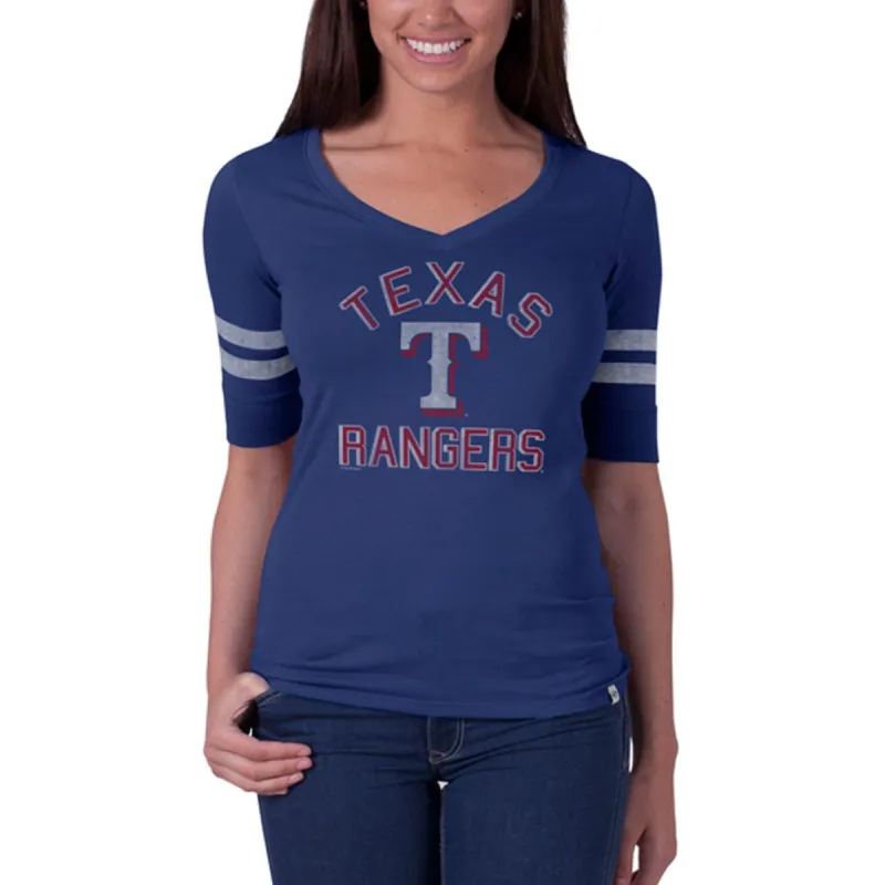 Texas Rangers - Flanker Logo Half Sleeve Juniors V-Neck T-Shirt sold by Old Glory