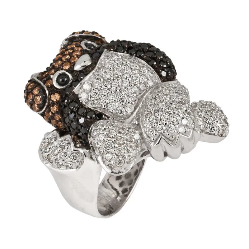Dark Zirconia Studded Bulldog Sterling Silver Ring sold by Old Glory