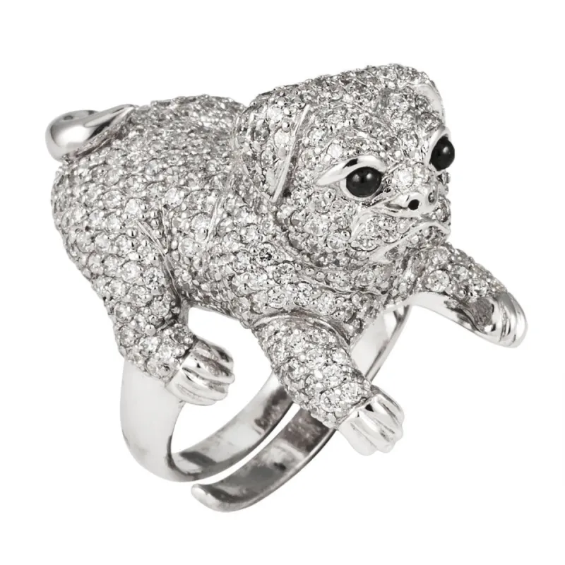 Zirconia Studded Pug Sterling Silver Adjustable Ring sold by Old Glory