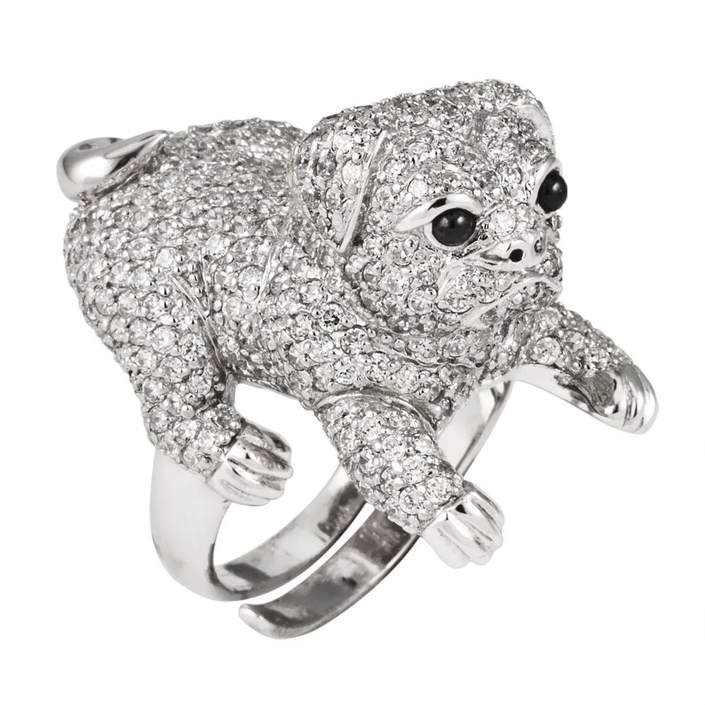 Zirconia Studded Pug Sterling Silver Adjustable Ring sold by Old Glory