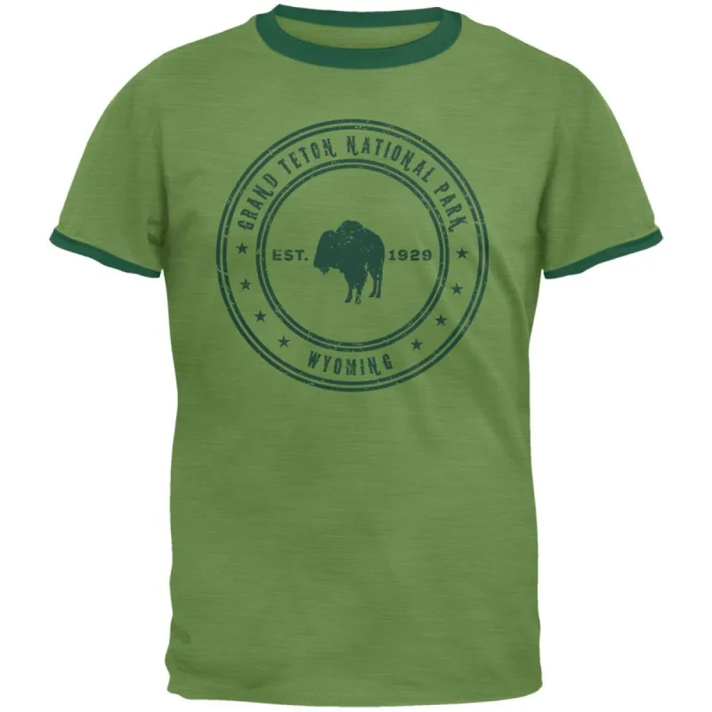 Grand Teton National Park Vintage Heather Green Men's Ringer T-Shirt sold by Old Glory
