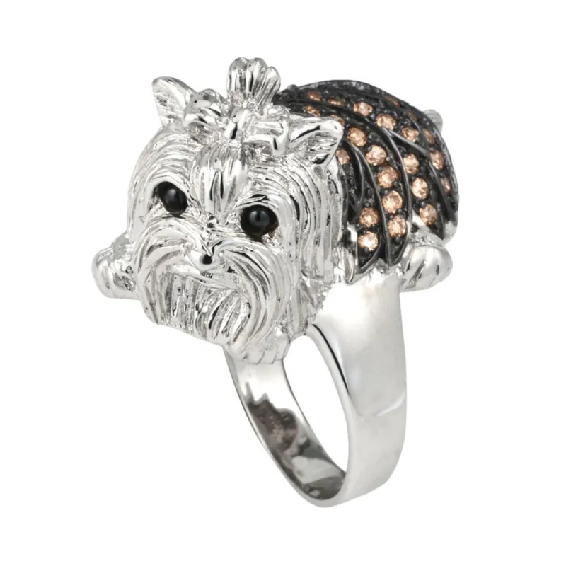 Brown Zirconia Studded Yorkie Sterling Silver Ring sold by Old Glory