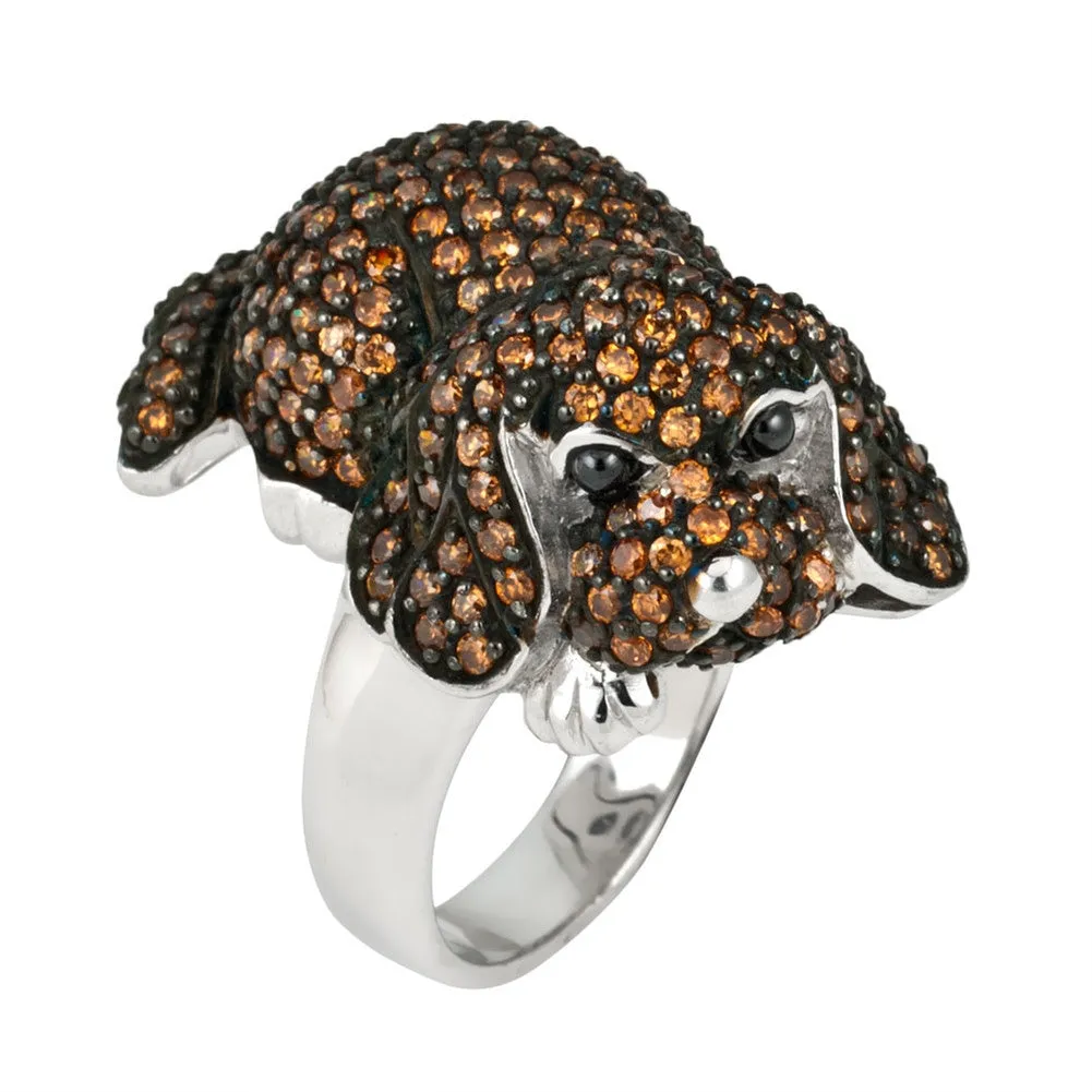 Brown Zirconia Studded Beagle Sterling Silver Ring sold by Old Glory