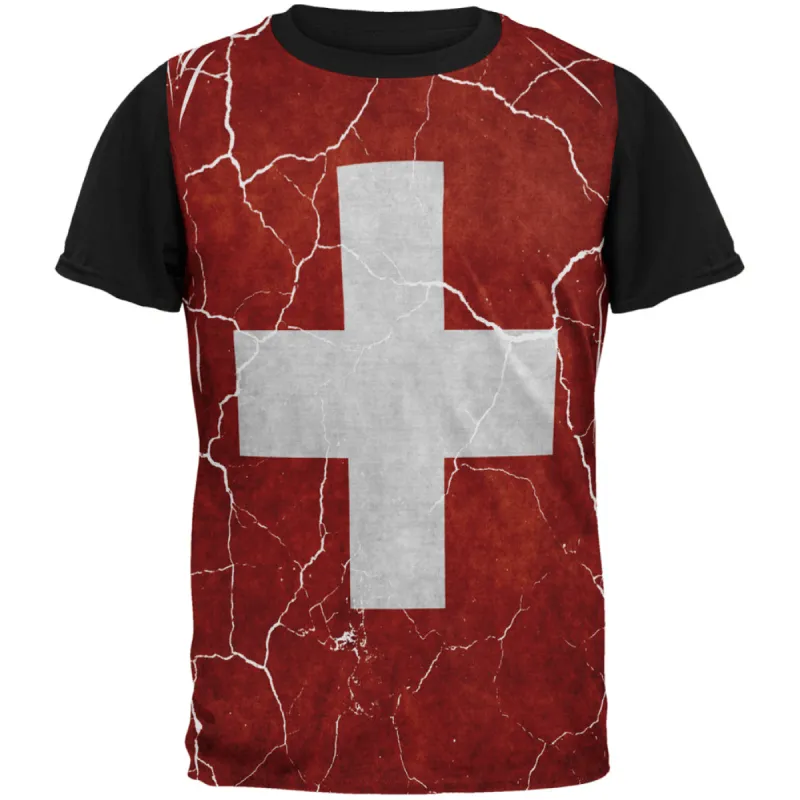 Distressed Swiss Flag All Over Mens Black Back T Shirt sold by Old Glory