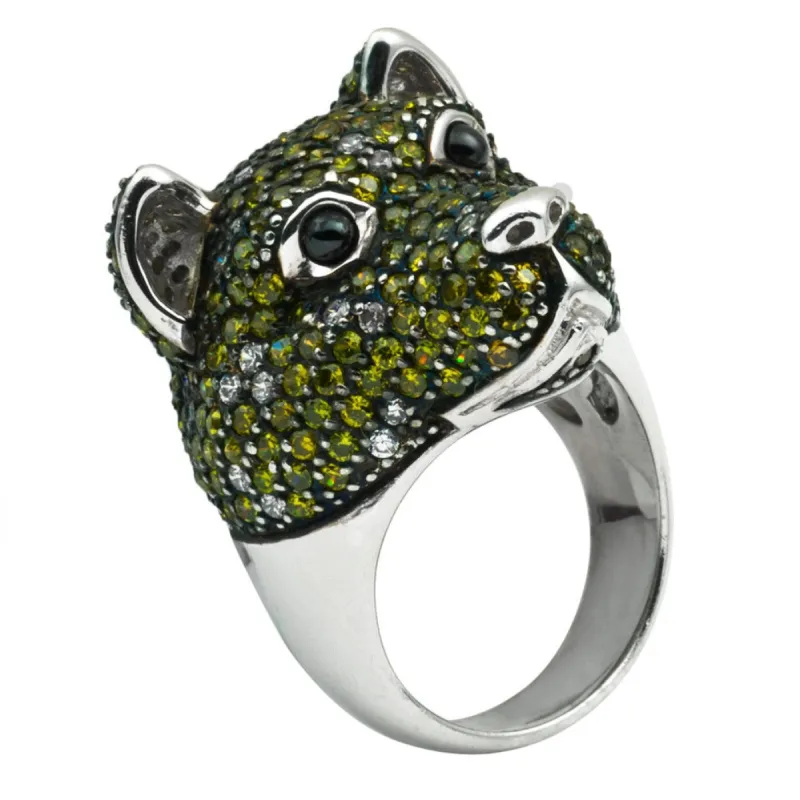 Dark Green Zirconia Studded Bear Sterling Silver Adjustable Ring sold by Old Glory