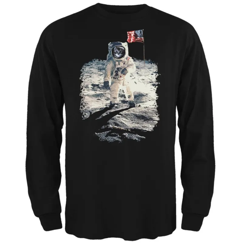 Cat Moon Landing Black Adult Long Sleeve T-Shirt sold by Old Glory