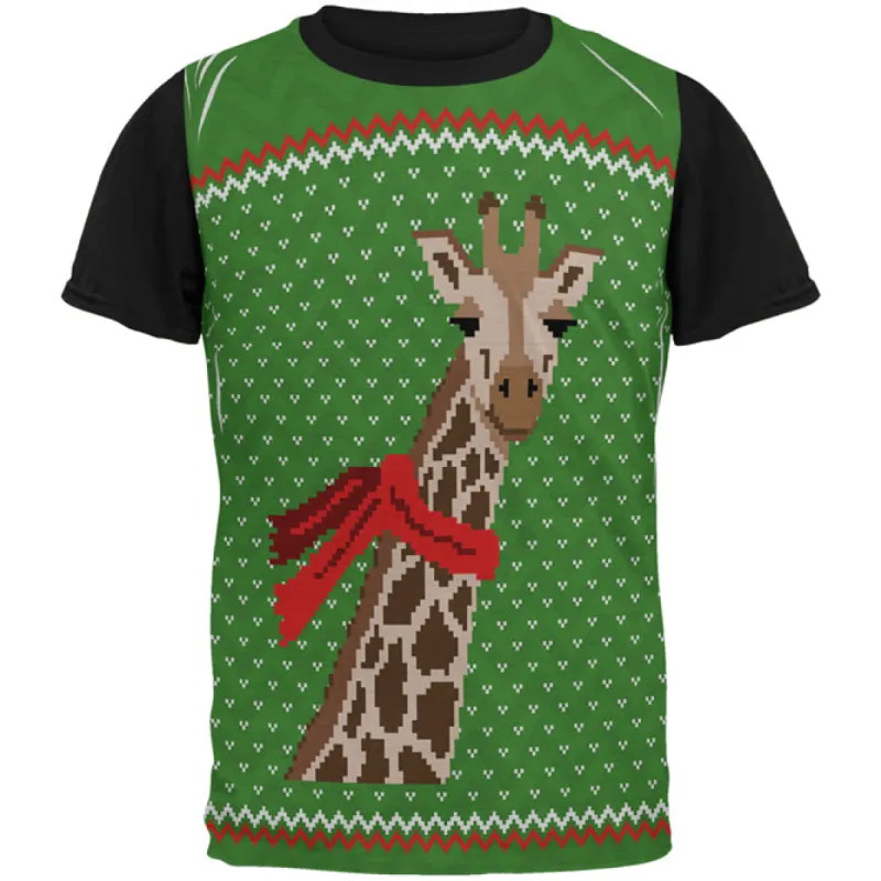 Ugly Christmas Sweater Big Giraffe Scarf All Over Mens Black Back T Shirt sold by Old Glory