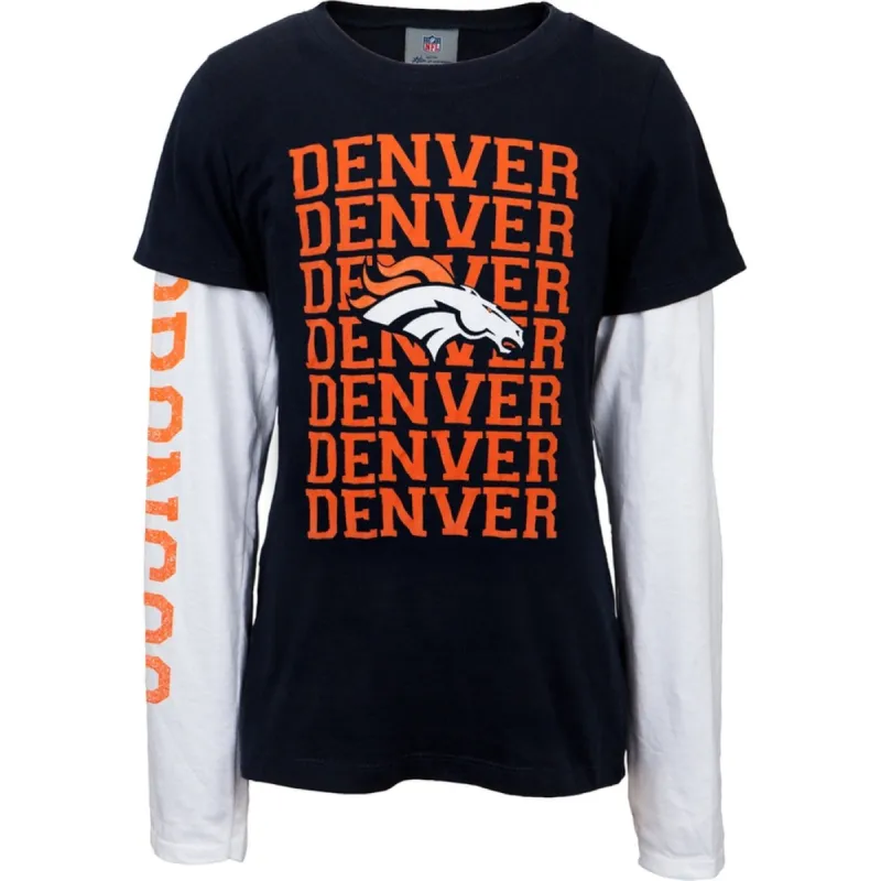 Denver Broncos - Team & Logo Girls Youth 2fer Long Sleeve T-Shirt sold by Old Glory