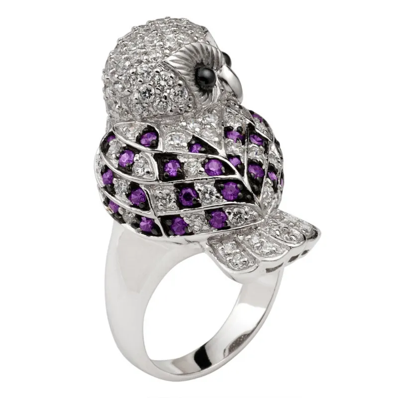 Purple Zirconia Studded Owl Sterling Silver Ring sold by Old Glory