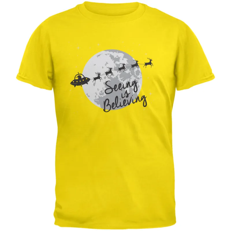 Seeing Is Believing Alien Santa Yellow Adult T-Shirt sold by Old Glory