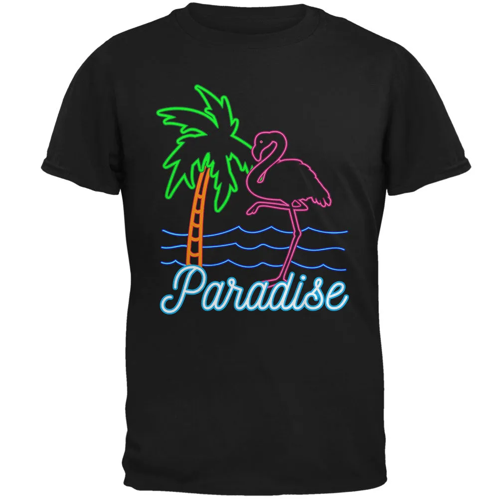 Retro 80s Neon Sign Flamingo Paradise Mens Soft T Shirt sold by Old Glory