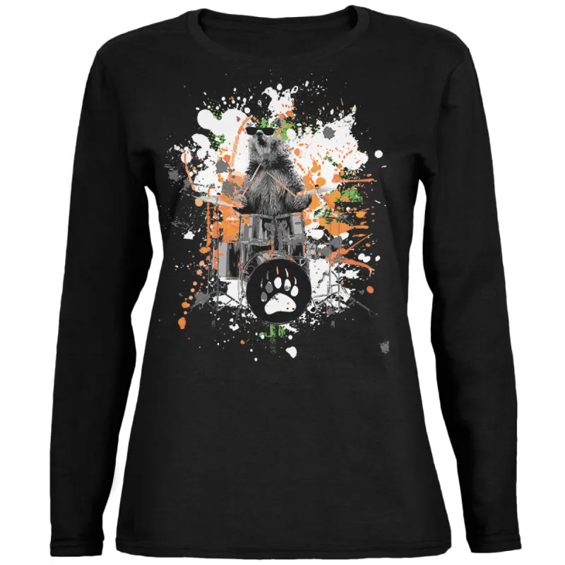 Bear Drummer Splatter Black Womens Long Sleeve T-Shirt sold by Old Glory