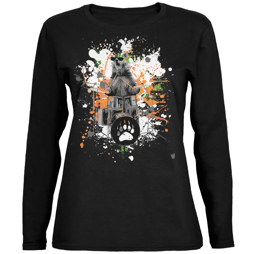 Bear Drummer Splatter Black Womens Long Sleeve T-Shirt sold by Old Glory