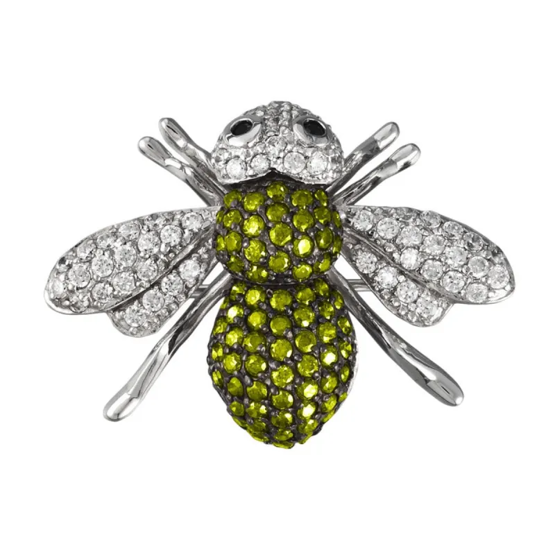Dark Green Zirconia Studded Bee Sterling Silver Pin/Pendant sold by Old Glory