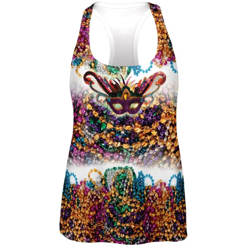 Mardi Gras Trippy Mask Beads All Over Womens Racerback Tank Top sold by Old Glory