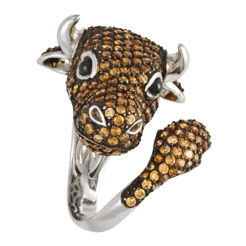 Zirconia Studded Bull Sterling Silver Adjustable Ring sold by Old Glory