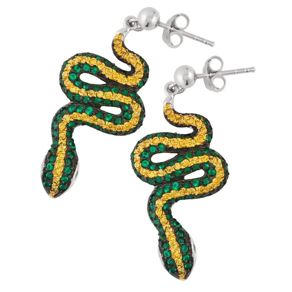 Green Zirconia Studded Snakes Sterling Silver Dangle Earrings sold by Old Glory