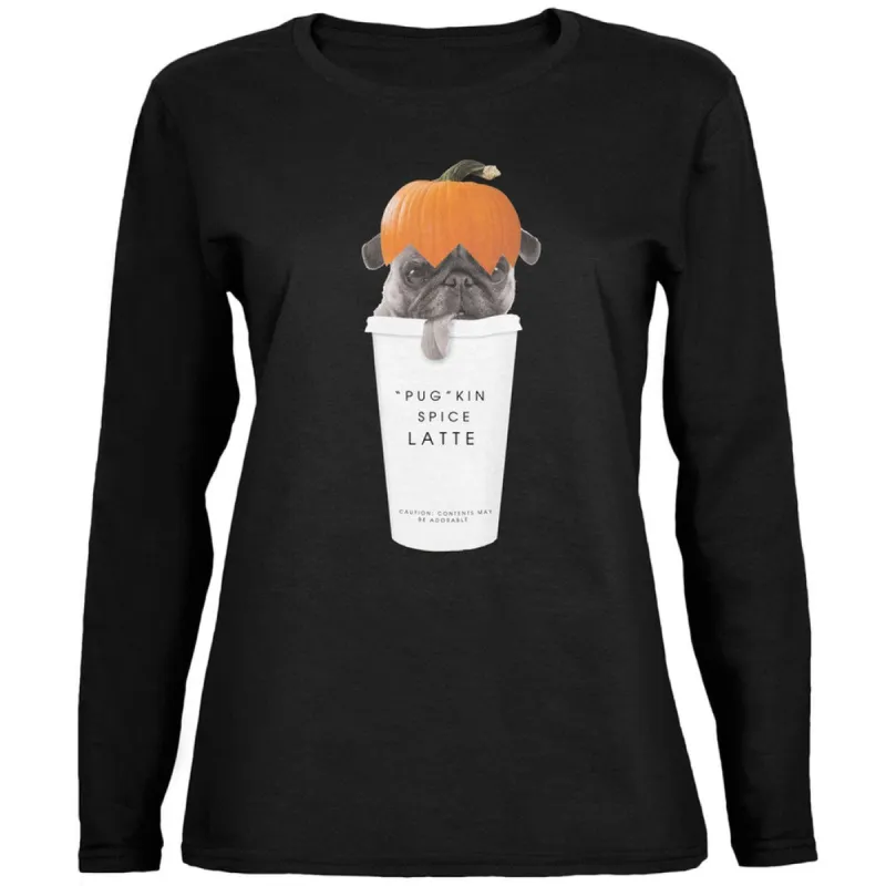 Pug Pugkin Spice Latte Black Womens Long Sleeve T-Shirt sold by Old Glory