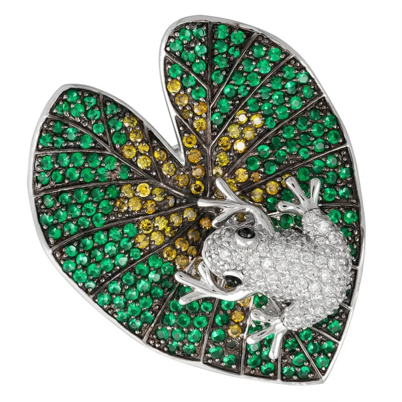 Zirconia Studded Frog on Lily Pad Sterling Silver Pin/Pendant sold by Old Glory
