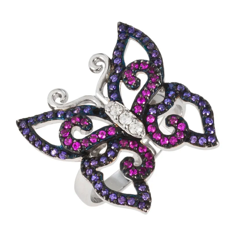 Black Zirconia Studded Butterfly Sterling Silver Ring sold by Old Glory