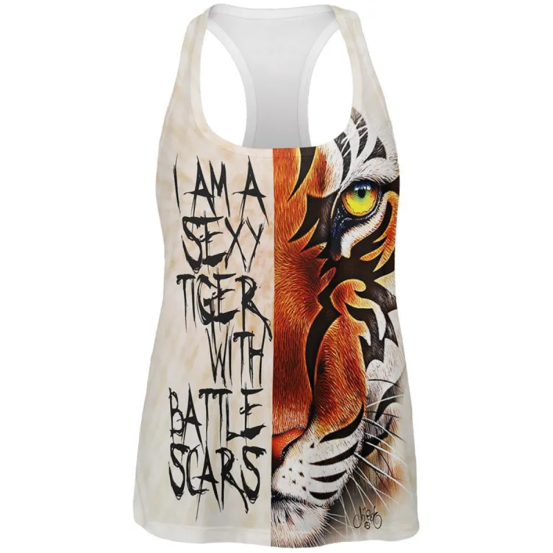 Sexy Tiger with Battle Scars All Over Womens Racerback Tank Top sold by Old Glory