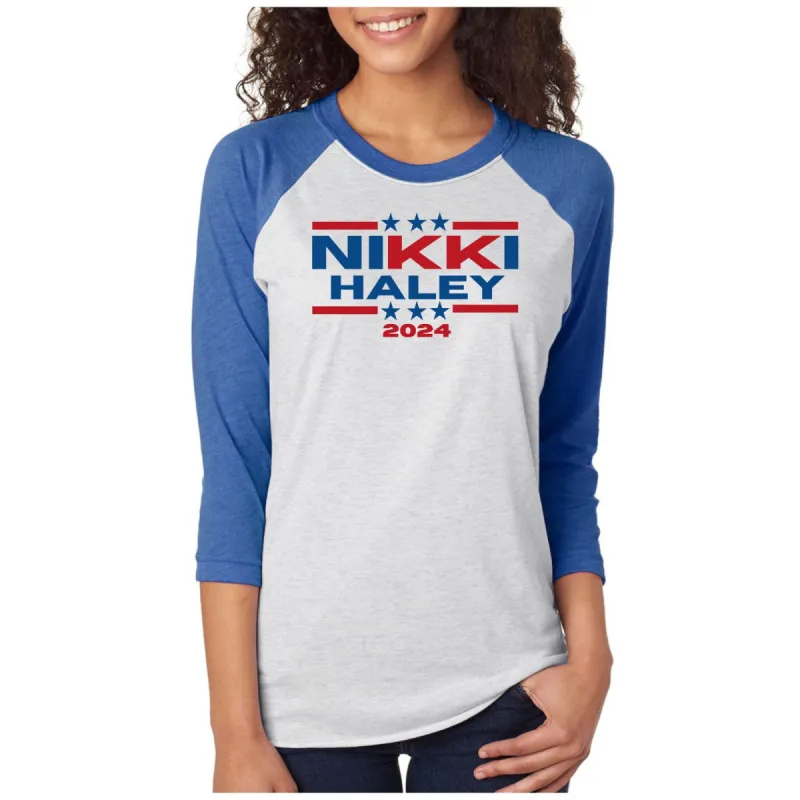 Election 2024 Nikki Haley 2024 Triple Stars Womens Raglan Baseball Tee sold by Old Glory
