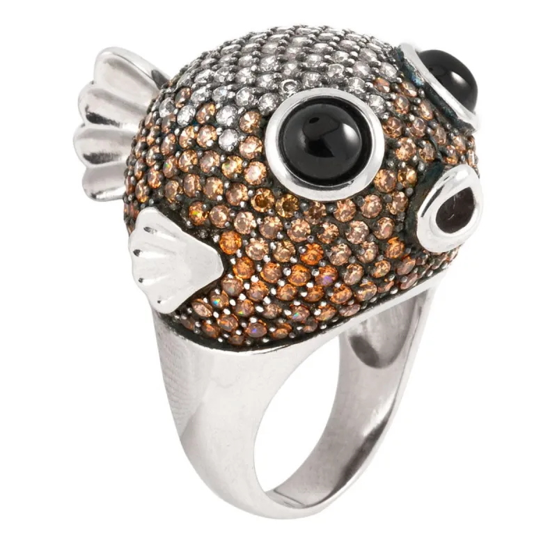 Brown Zirconia Studded Blowfish Sterling Silver Ring sold by Old Glory
