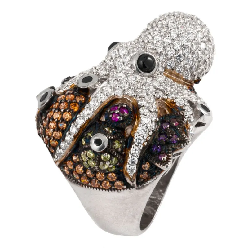 Zirconia Studded Octopus Sterling Silver Ring sold by Old Glory