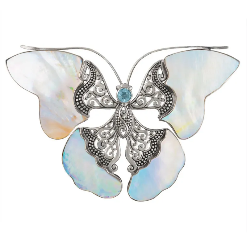 Blue Topaz Butterfly With Shell Wings Sterling Silver Pin sold by Old Glory