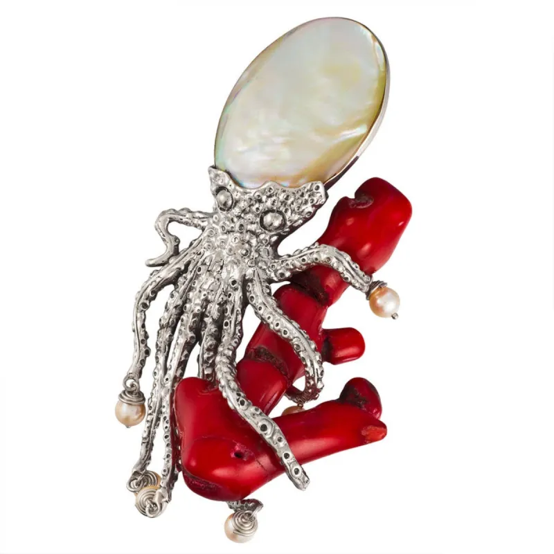 Coral Shell Octopus Sterling Silver Pin sold by Old Glory