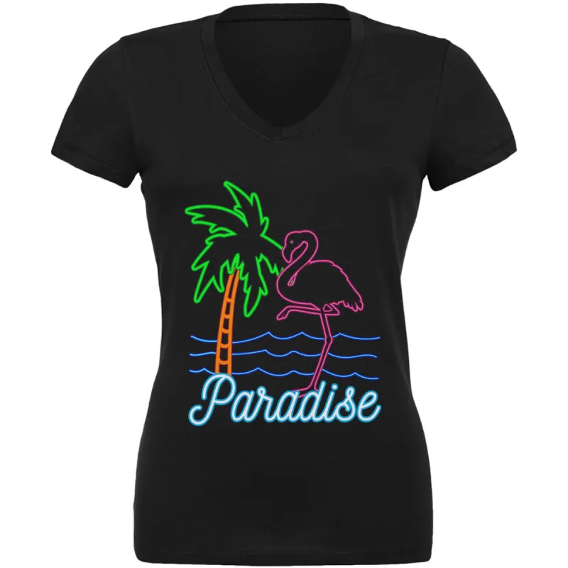 Retro 80s Neon Sign Flamingo Paradise Juniors V-Neck T Shirt sold by Old Glory