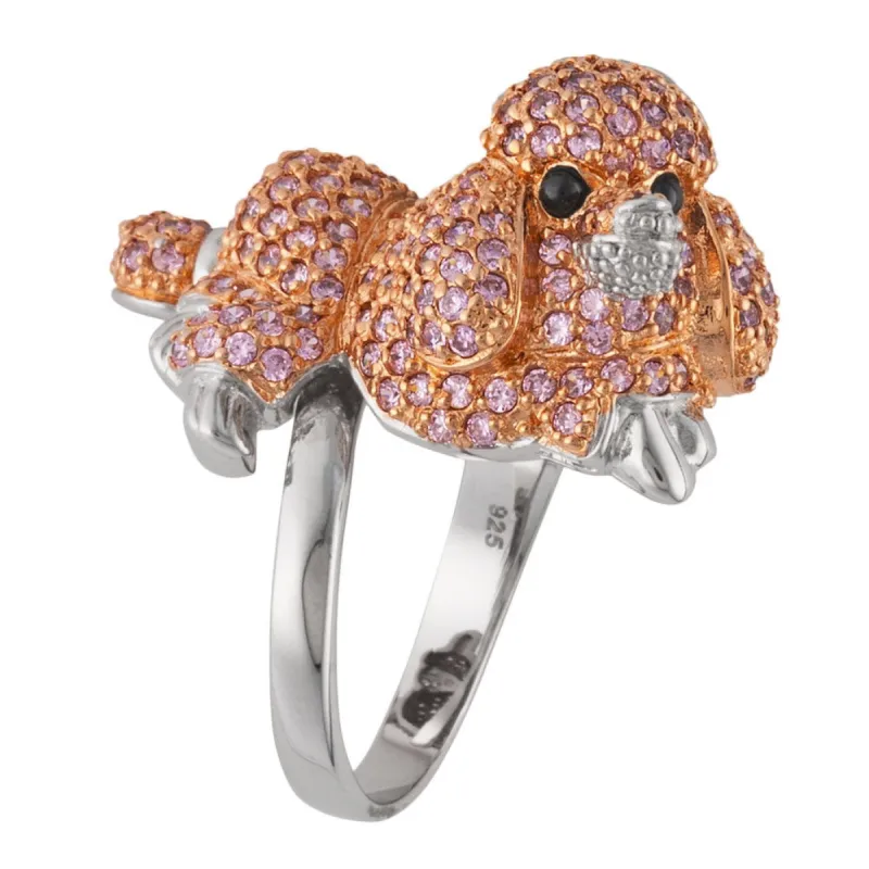 Pink Zirconia Studded Poodle Sterling Silver Adjustable Ring sold by Old Glory