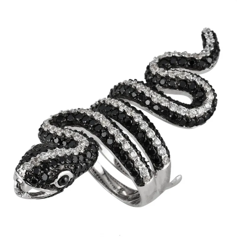 Black And White Zirconia Studded Snake Sterling Silver Adjustable Ring sold by Old Glory