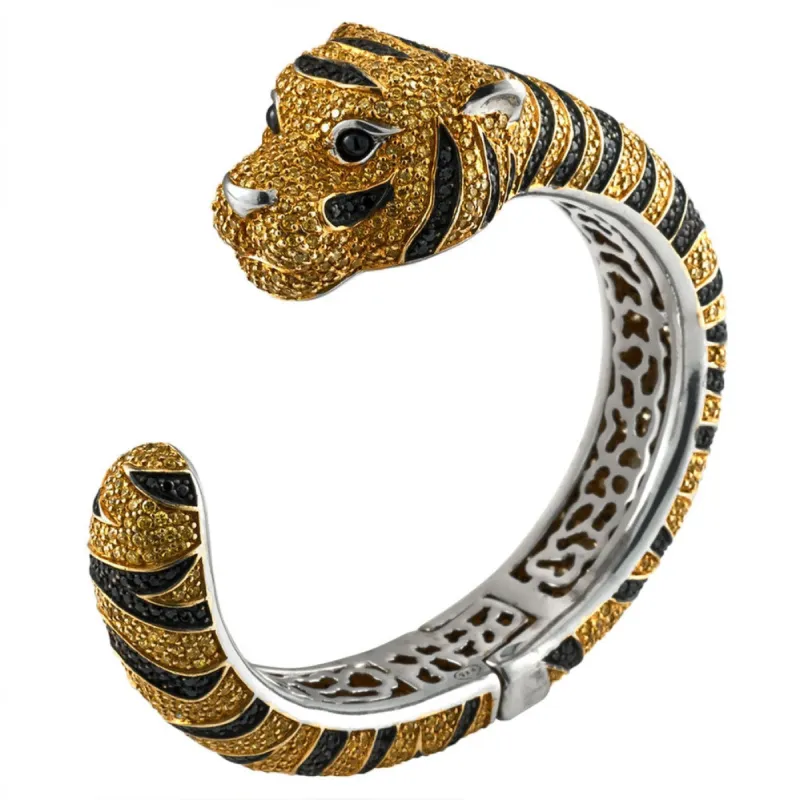 Zirconia Studded Tiger Sterling Silver Cuff Bangle sold by Old Glory