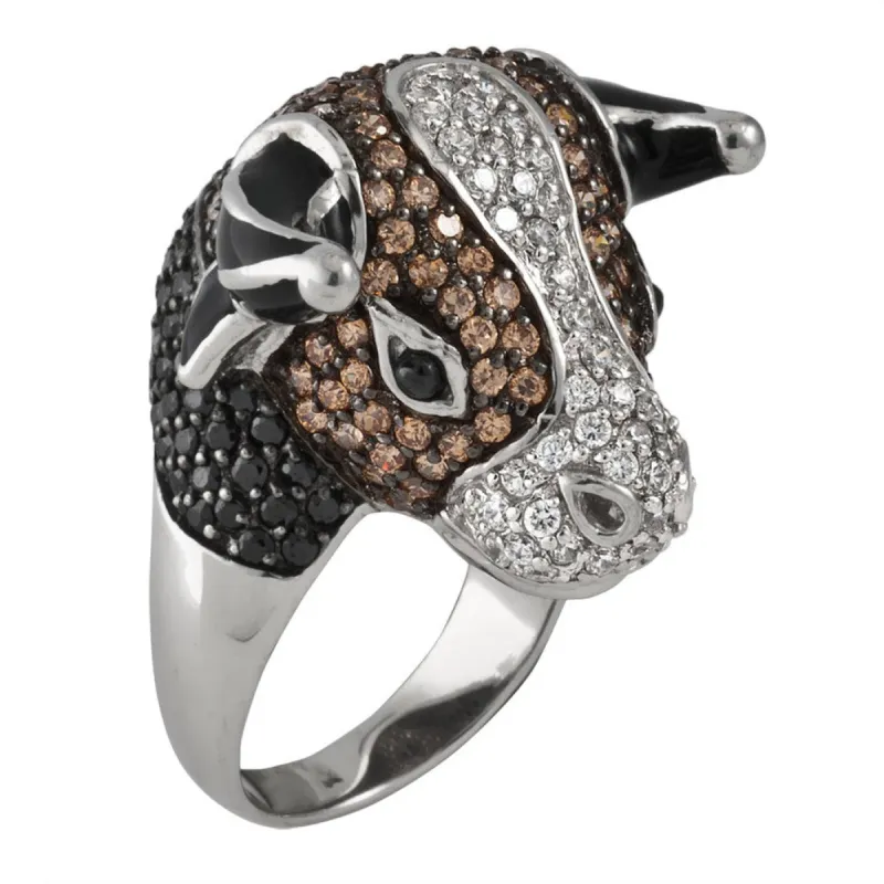 Brown Zirconia Studded Bull Head Sterling Silver Ring sold by Old Glory