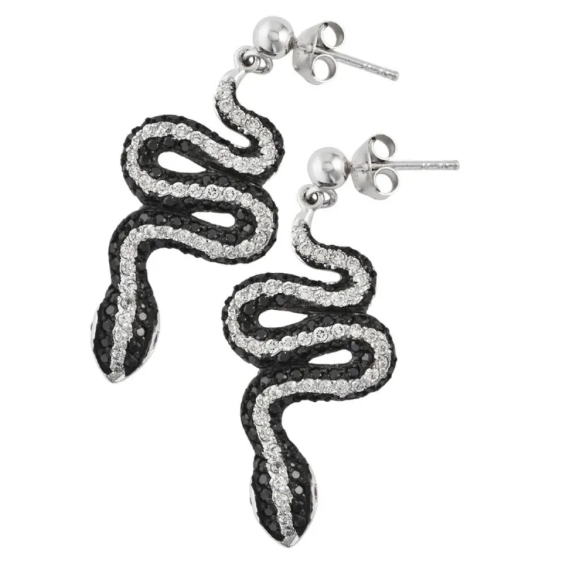 Black Zirconia Studded Snakes Sterling Silver Dangle Earrings sold by Old Glory