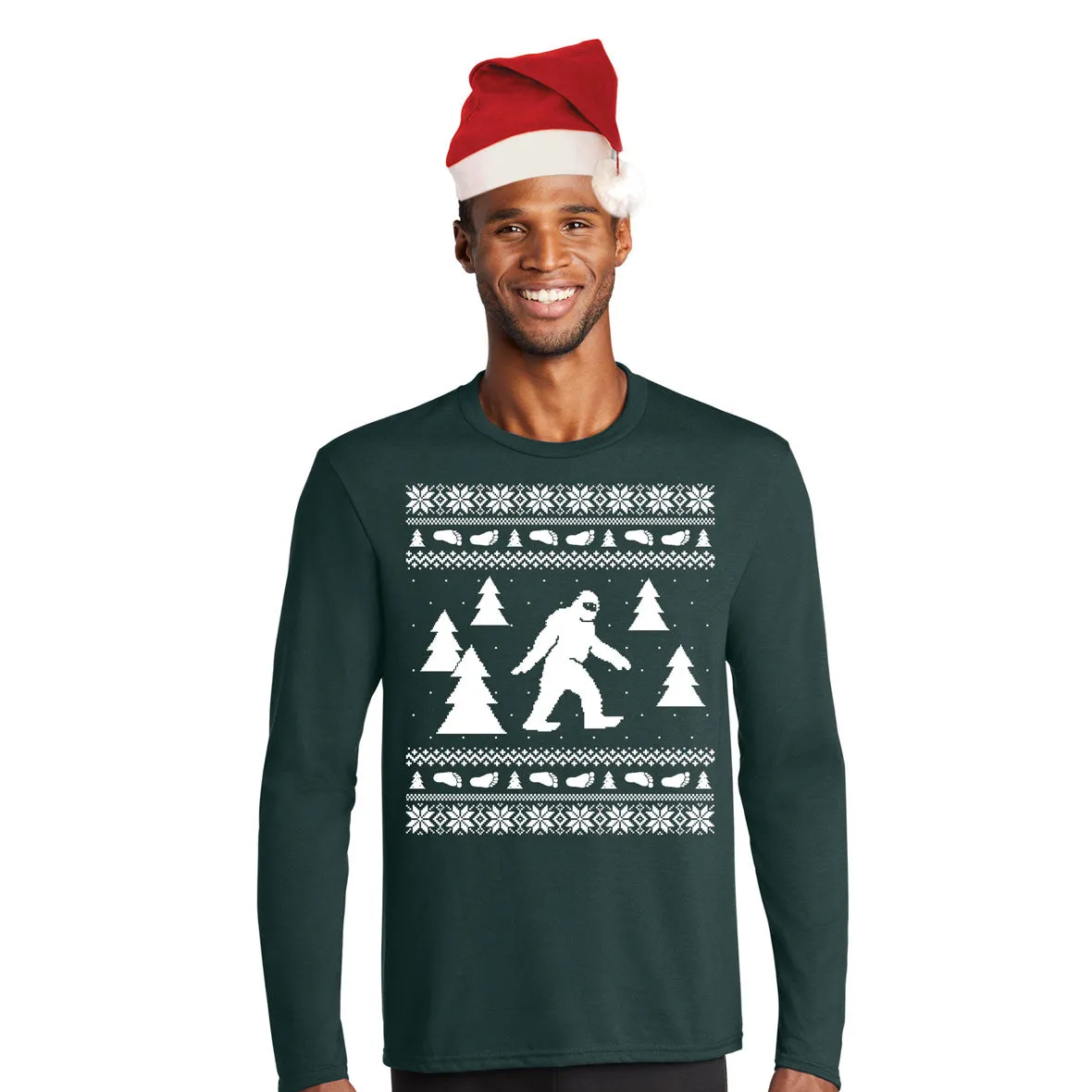 Sasquatch Ugly Christmas Sweater Green Mens Long Sleeve T Shirt with Santa Hat sold by Old Glory