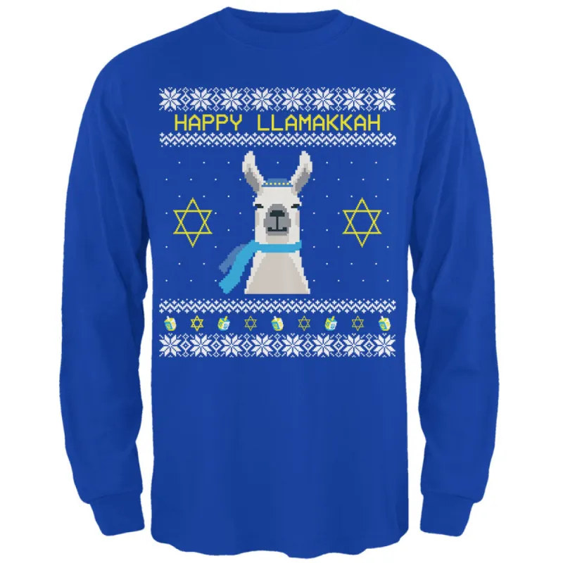 Llama Llamakkah Ugly Hanukkah Sweater Royal Adult Long Sleeve T-Shirt sold by Old Glory