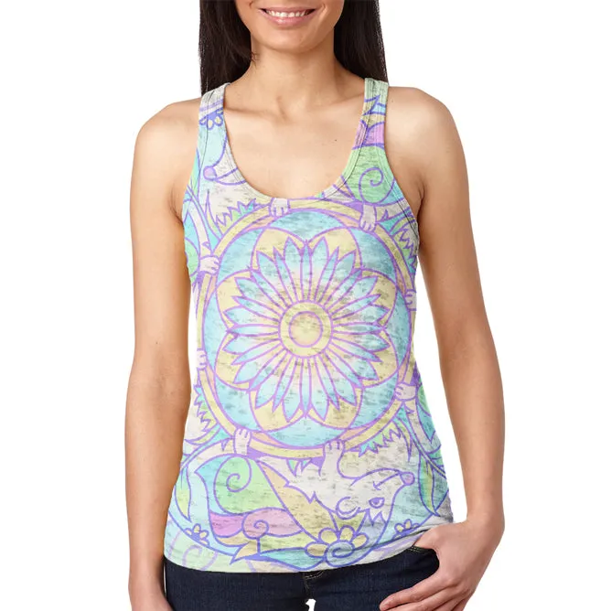 Trippy Hedgehog Mandala Vintage Juniors Burnout Racerback Tank Top sold by Old Glory