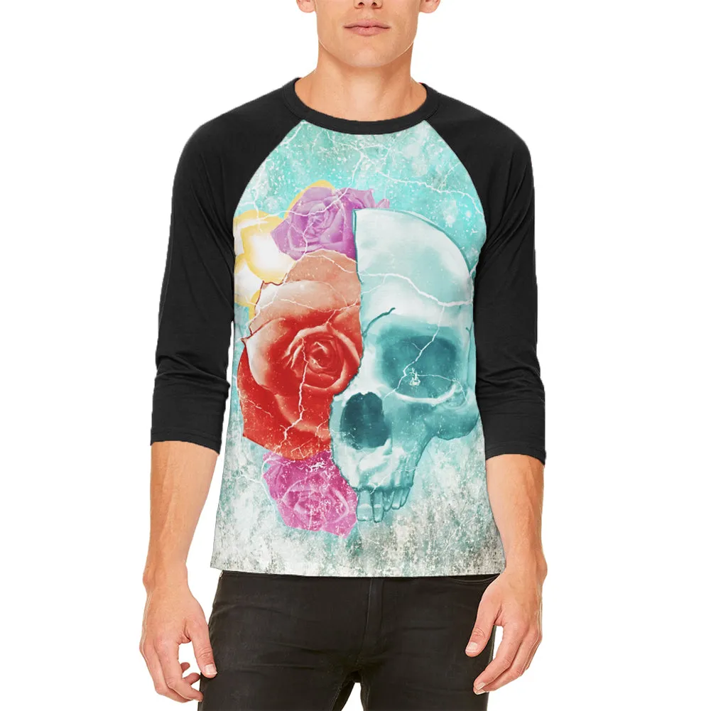 Halloween Distressed Skull and Flowers Mens Raglan T Shirt sold by Old Glory