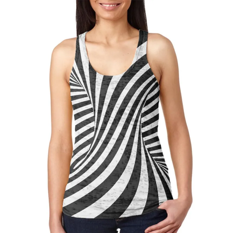 Trippy Black And White Swirl Juniors Burnout Racerback Tank Top sold by Old Glory