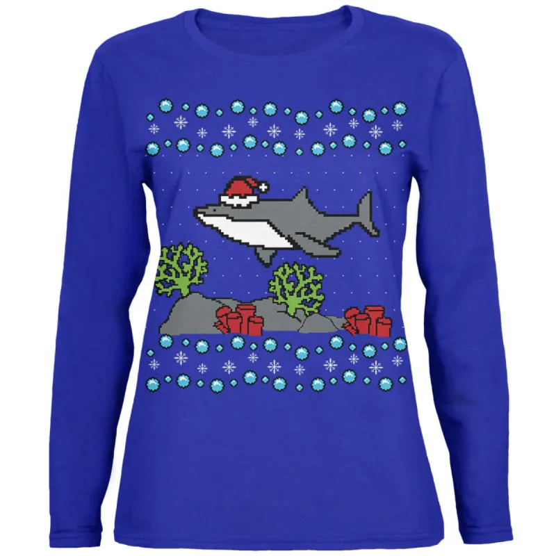 Ugly Christmas Sweater Shark Santa Hat Womens Long Sleeve T Shirt sold by Old Glory