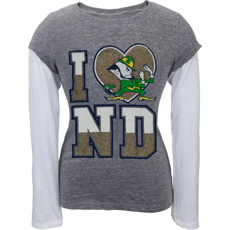 Notre Dame Fighting Irish - Heart Logo Girls Juvy Soft 2fer Long Sleeve T-Shirt sold by Old Glory