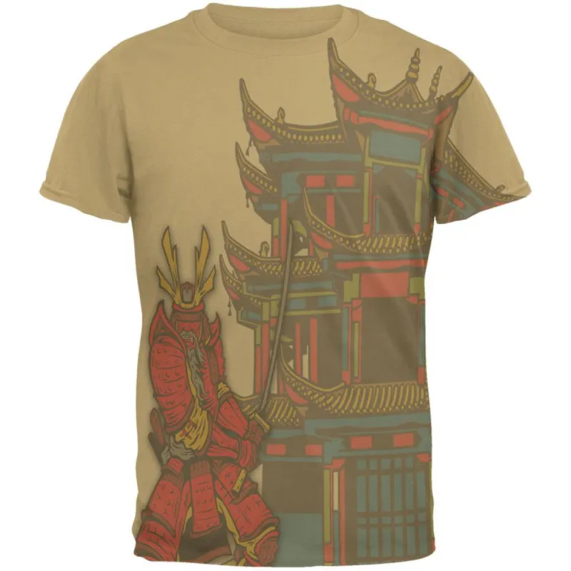 Samurai At The Pagoda All Over Tan Adult T-Shirt sold by Old Glory