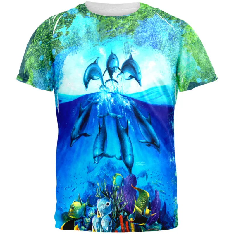 Dolphins Jumping Over Reef All Over Mens T Shirt sold by Old Glory