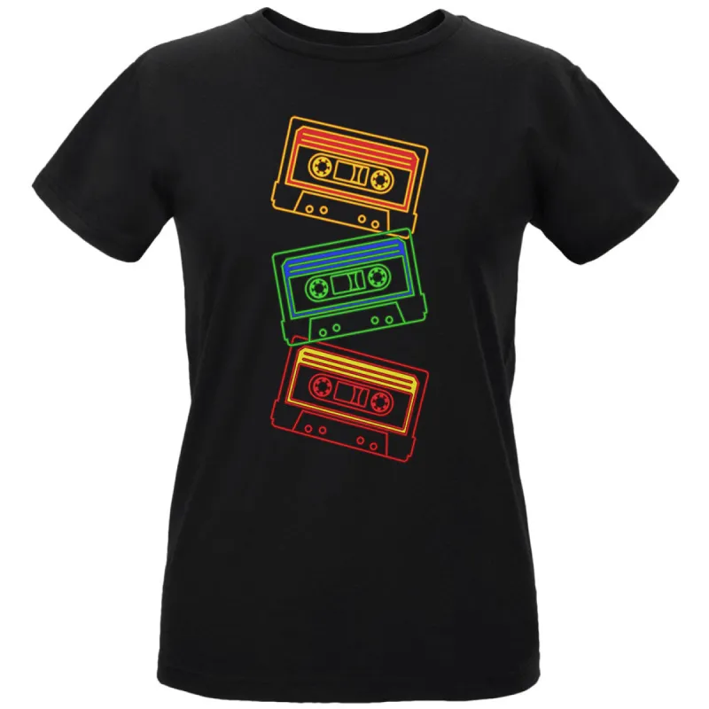 Retro 80s Neon Sign Cassette Tape Stacked Womens T Shirt sold by Old Glory