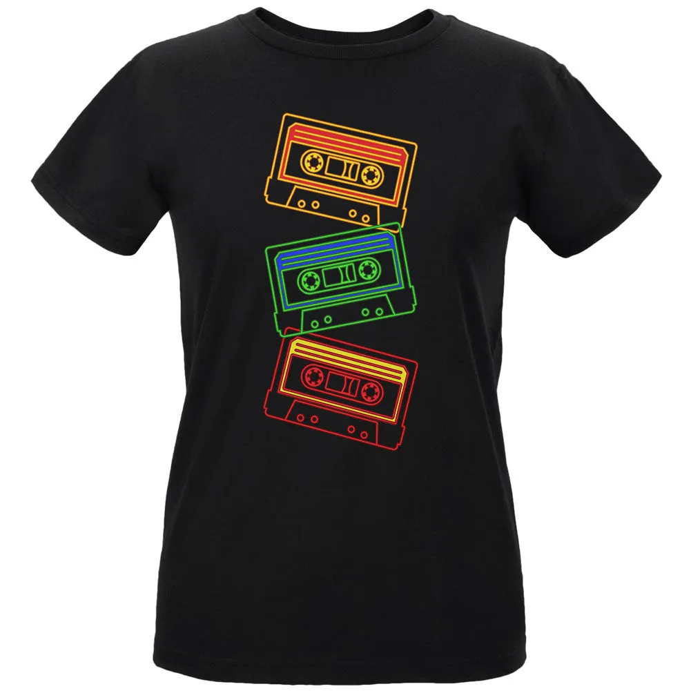 Retro 80s Neon Sign Cassette Tape Stacked Womens T Shirt sold by Old Glory