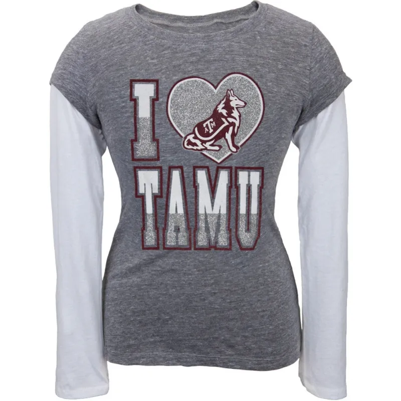 Texas A Aggies - Glitter Heart Girls Youth 2fer Long Sleeve T-Shirt sold by Old Glory